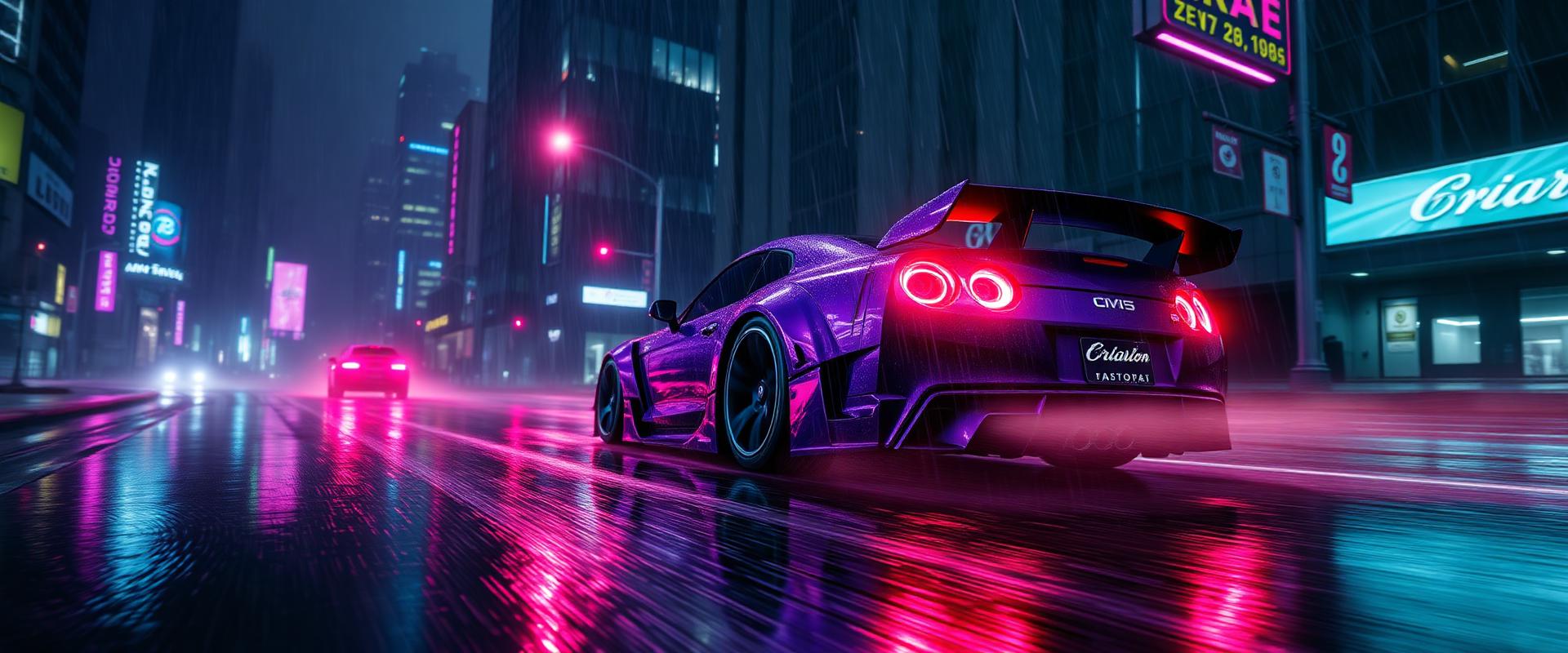 Neon purple sports car speeding through a rainy city at night
