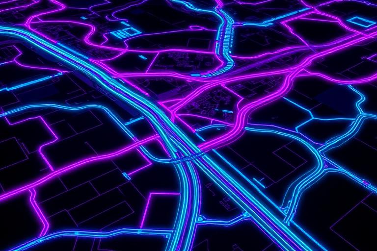 Neon glowing map of a city highway system at night