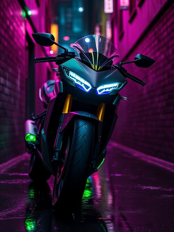 Futuristic high tech motorcycle in a dark neon alley
